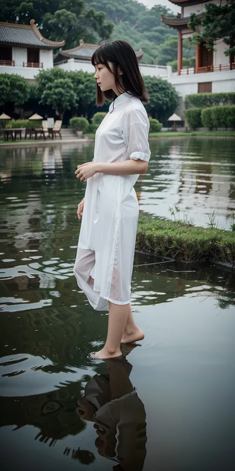 A beautiful Chinese girl standing on the water, misty reflection