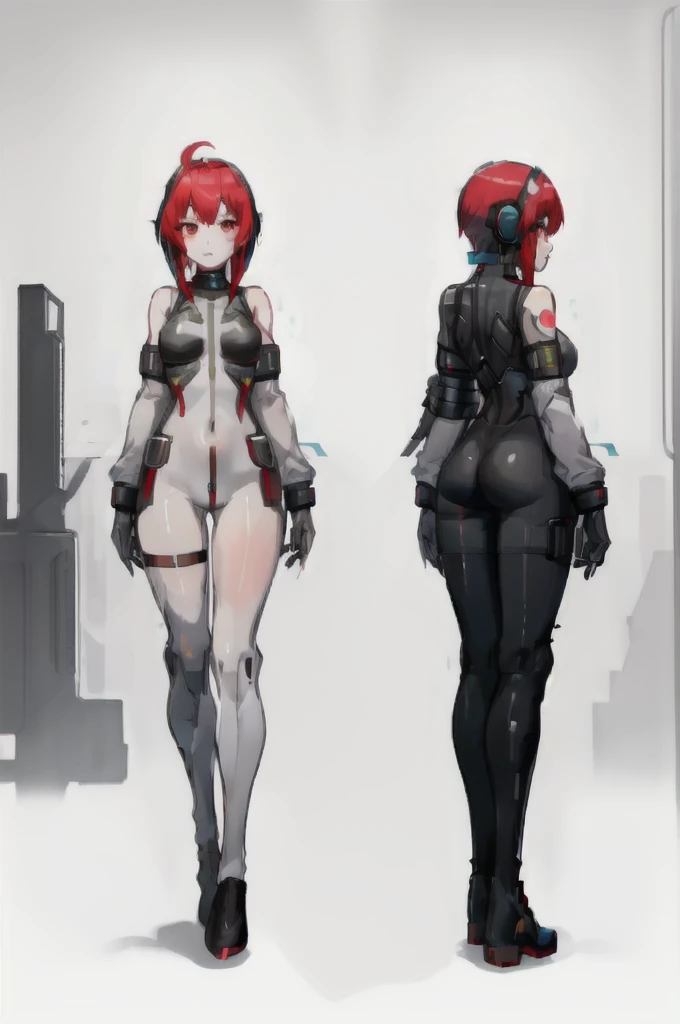 full body, reference sheet, front, back, side,1 girl, Android girl, cyberpunk, (cute:1.3),red Hair, left eye yellow, right eye blus, tan skin, freckles｛White breastplate, Black futuristic headphones, Mechanical black glossy metallic Bodysuit, Bare shoulder...