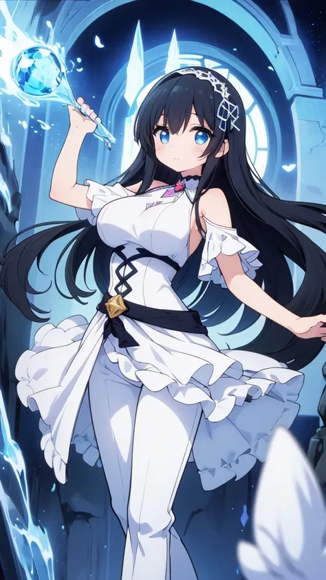 best quality, extremely detailed, anime style adult 1girl, long hair down to the waist, straight hair, ((dark black hair with bluish)), beautiful detailed eyes, pinched eyes, dark blue eyes, huge breasts,curvy, ((((kawaii white base colorful magical dress)...