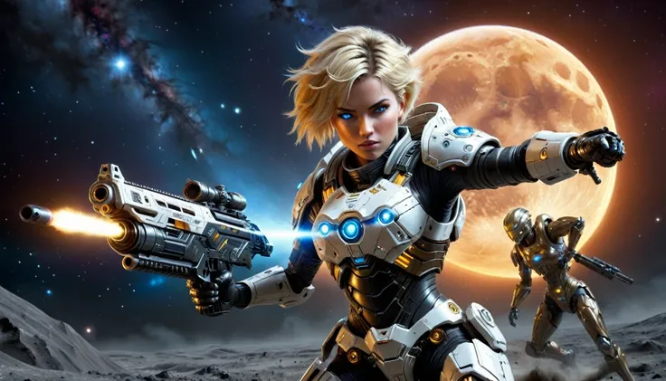 a female mech warrior in battle on a moon in space, full body shot, action shot, a tough and beautiful female mech warrior, short blond hair, dynamic eye color, intent gaze, ultra detailed face, best detailed face, she wears mech armor, and massive sci-fi ...