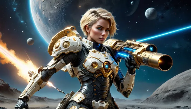 a female mech warrior in battle on a moon in space, full body shot, action shot, a tough and beautiful female mech warrior, short blond hair, dynamic eye color, intent gaze, ultra detailed face, best detailed face, she wears mech armor, and massive sci-fi ...