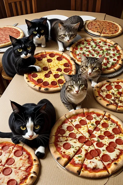 Cats surrounded by pizza