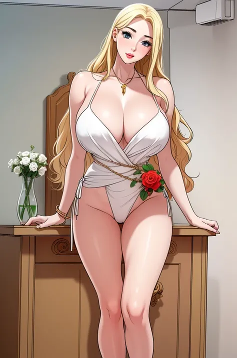 An extremely beautiful stunning busty woman, with gold blonde long silky hair, big blue eyes, extremely super bright snow white fair stunning flawless glowing lush shiny flawless white skin, a perfect tight hourglass figure, and a skinny waist, sexy thick ...