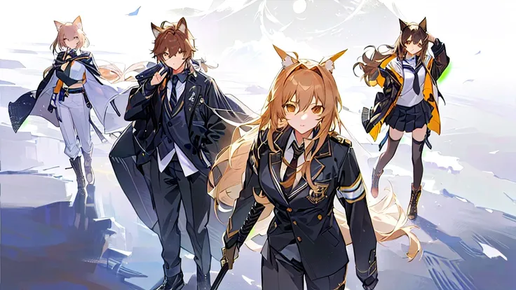 a group of anime characters are all on different terrains outdoors, multiple girls, 1boy, animal ears, jacket, boots, shirt, long hair, black jacket, brown hair, necktie, pants, weapon, skirt, black pants, white shirt, 2girls, 1boy, black footwear, sailor ...