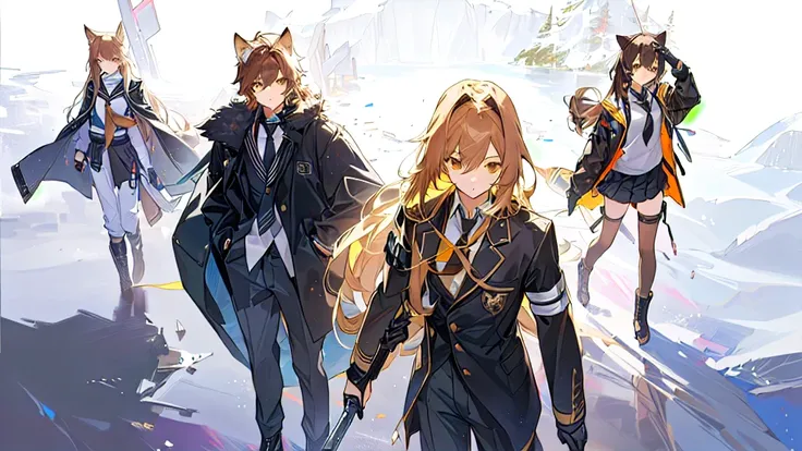 a group of anime characters are all on different terrains outdoors, multiple girls, 1boy, animal ears, jacket, boots, shirt, long hair, black jacket, brown hair, necktie, pants, weapon, skirt, black pants, white shirt, 2girls, 1boy, black footwear, sailor ...