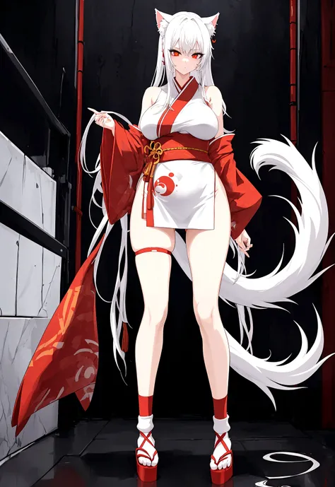 Make a full body character with 2D graphics based on current anime 4k-8k The character is 22 years old. Mature body with big breasts and curves. Eyes red, white cat ears, long white hair down to the ankles. Cat&#39;s furry tail. The outfit is a mix of trad...