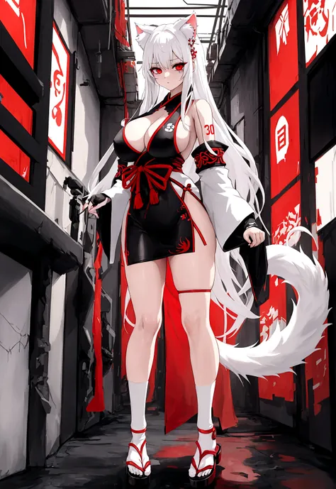 Make a full body character with 2D graphics based on current anime 4k-8k The character is 22 years old. Mature body with big breasts and curves. Eyes red, white cat ears, long white hair down to the ankles. Cat&#39;s furry tail. The outfit is a mix of trad...