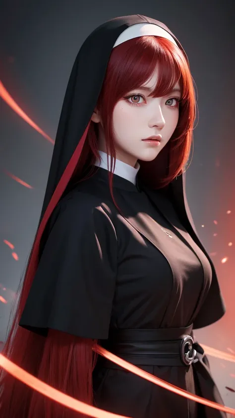 best quality,highly detailed,masterpiece,ultra-detailed,illustration,long hair,red hair, nun, 1 girl,red eyes, extremely detailed CG unity 8k wallpaper, highres, colorful,galgame, White background,Front view