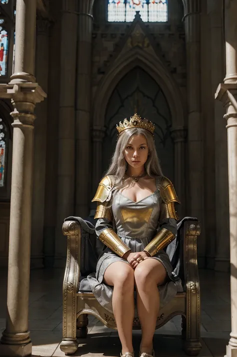 An ash-haired girl in a gray dress and a golden crown sits on a throne, around her knights in shining armor bent their knee. In the background there is a large royal hall, with large windows.
