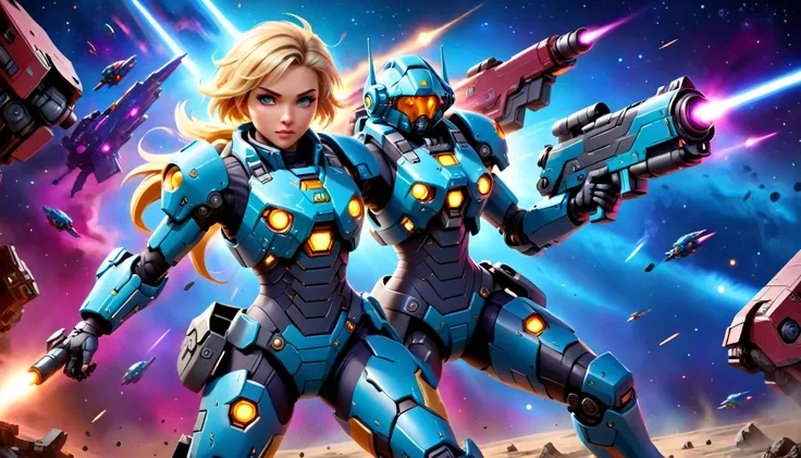 a female mech warrior in battle on a moon in space, full body shot, action shot, a tough and beautiful female mech warrior, short blond hair, dynamic eye color, intent gaze, ultra detailed face, best detailed face, she wears mech armor, and massive sci-fi ...