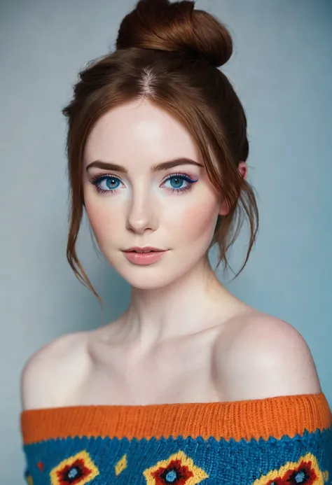 an eye contact of a brunette with hair in a bun, blue colored eyes, ((Karen Gillan)) 18 years old, flirting with the camera, necklase, Off The Shoulder, colorful sweater, topless