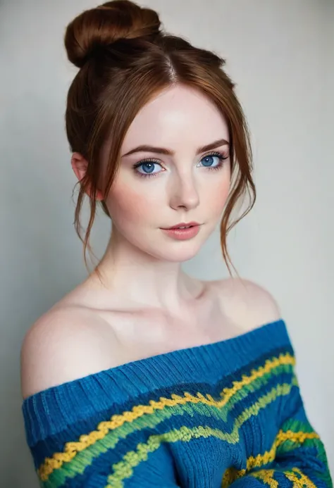 an eye contact of a brunette with hair in a bun, blue colored eyes, ((Karen Gillan)) 18 years old, flirting with the camera, necklase, Off The Shoulder, colorful sweater, topless