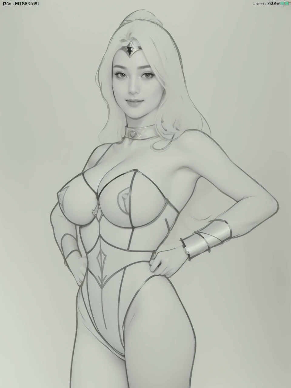 Super heroine, super lady, about 20 years old, pure white leotard, Wonder Woman style, leotard battle suit, unparalleled beauty, graceful, elegant, pure, innocent, adorable, refreshing, smiling, incredibly attractive, amazingly beautiful woman with outstan...