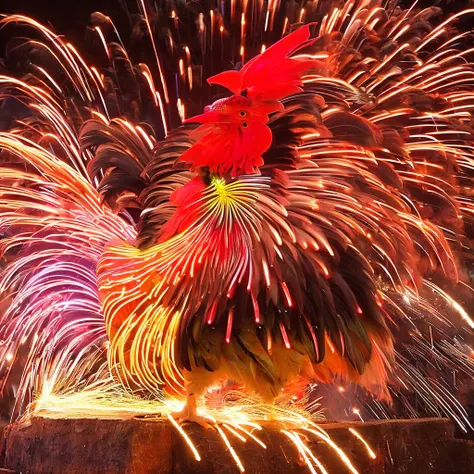 a neon aura of the fighting rooster with sparks appears from the body of this rooster seen in profile at the same height as him