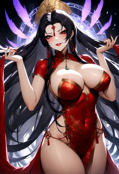 goddess of slavery, goddess of devotion, beautiful, evil, seductive, evil smile, perfect body, chinese style clothing, large breast, godly aura, black hair