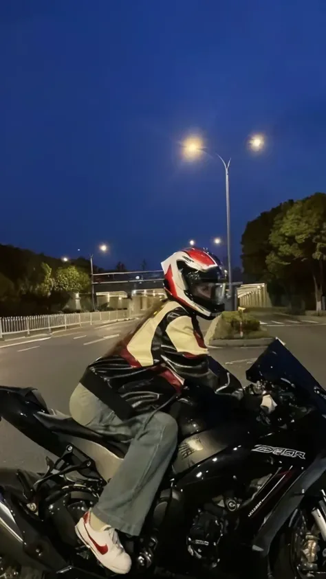 arafed man in a helmet and leather jacket riding a motorcycle, riding a motorcycle, riding on the road, riding a motorcycle futurista, ride a motorbike down a street, helmet with led lights, ride a motorbike, speeding on motorcycle, moto, without helmet, B...