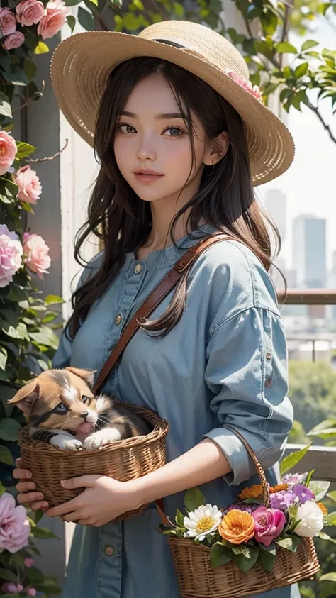 One wearing a hat with a basket of flowers and a puppy and a kitten 