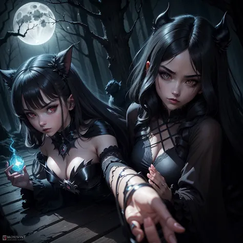 Anime-style illustrations,A duet of light and darkness,devil girl,dark fantasy,Enchanted Light,magic powers,glowing eyes,demonic features,black cloak,ominous atmosphere,moonlit night,ominous shadows,detailed facial expressions,dark tendrils,nightmare,haunt...