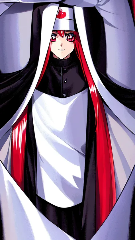 best quality,highly detailed,masterpiece,ultra-detailed,long hair,red hair, nun, 1 girl,red eyes, highres, colorful,galgame, White background,Front view, black clother,black nun uniform