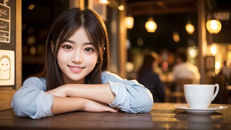 Cute girl working at a cafe terrace　Japanese　１９age　
Professional Lighting　Digital SLR　Beautiful and elaborate face　Perfect and beautiful face　Big eyes Smile