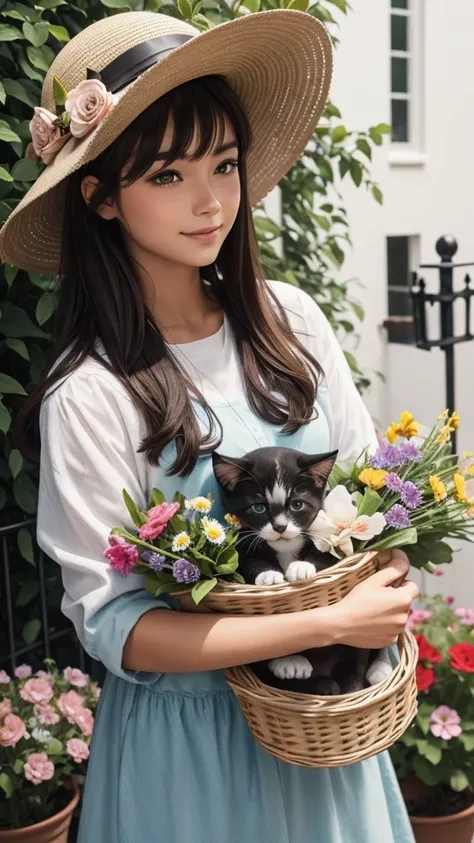 One wearing a hat with a basket of flowers and a puppy and a kitten 