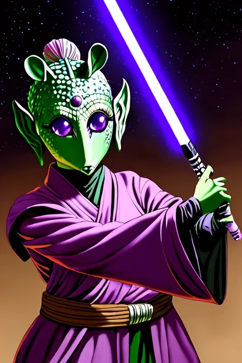 female, rodian, jedi padawan, purple lightsaber, jedi robes.