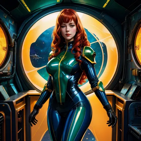 Best quality, 4K, american comics art style, vintage space beautiful woman,long curly red hair,looking to observer,shy smile,(((detailed sci-fi armor over dark blue and yellow and dark green sheer tight latex suit))),large armlets,high tech military tactic...