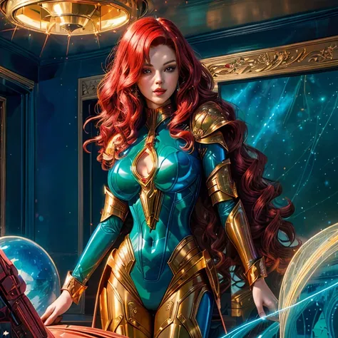 Best quality, 4K, american comics art style, vintage space beautiful woman,long curly red hair,looking to observer,shy smile,(((detailed sci-fi armor over dark blue and white and dark green sheer tight latex suit))),large armlets,high tech military tactica...