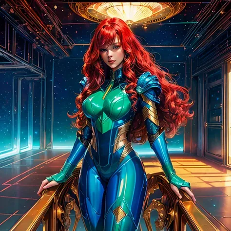 Best quality, 4K, american comics art style, vintage space beautiful woman,long curly red hair,looking to observer,shy smile,(((detailed sci-fi armor over dark blue and white and dark green sheer tight latex suit))),large armlets,high tech military tactica...