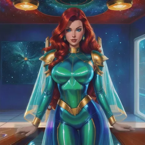 Best quality, 4K, american comics art style, vintage space beautiful woman,long curly red hair,looking to observer,shy smile,(((detailed sci-fi armor over dark blue and white and dark green sheer tight latex suit))),large armlets,high tech military tactica...