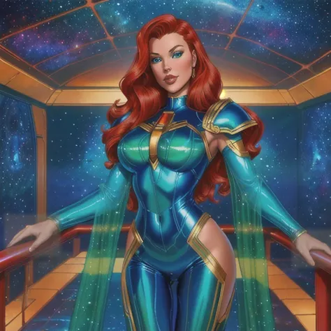 Best quality, 4K, american comics art style, vintage space beautiful woman,long curly red hair,looking to observer,shy smile,(((detailed sci-fi armor over dark blue and white and dark green sheer tight latex suit))),large armlets,high tech military tactica...