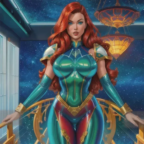 Best quality, 4K, american comics art style, vintage space beautiful woman,long curly red hair,looking to observer,shy smile,(((detailed sci-fi armor over dark blue and white and dark green sheer tight latex suit))),large armlets,high tech military tactica...