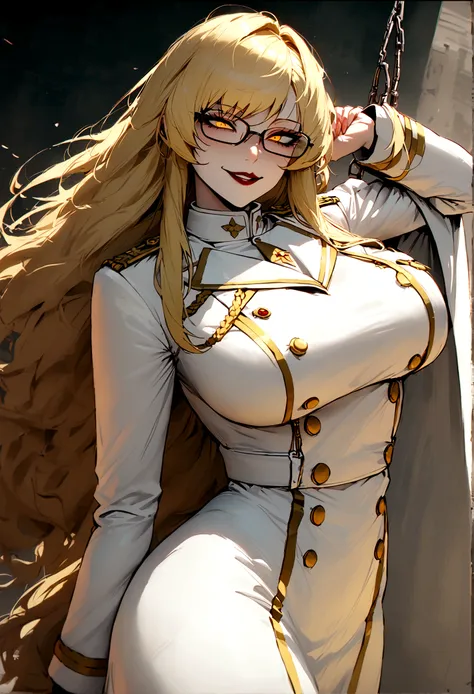 tall woman, volumptious body, long blonde hair, glasses, seductive smile, evil smile, evil eyes, yellow eyes, white military uni...