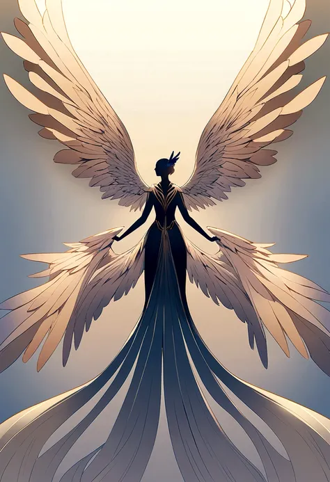 Create a highly detailed image of a pair of wings, with a sleek and elegant design. The wings should be spread out wide, with intricate feather details that convey a sense of lightness and grace. The feathers should transition from a darker shade at the ba...