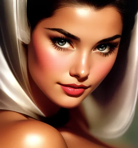 1970s,Direction: Alberto Vargas,(best qualityer, artwork), ultra-detailed and delicate portrait of a beautiful and timeless girl,black female, sultry eyes, close up, estilo de Rolf Armstrong, Light and Shade,face load,sexy face, beautiful nose, do differen...