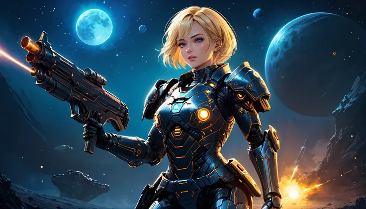 a human female mech warrior in battle on a moon in space, full body shot, action shot, a tough and beautiful female mech warrior...