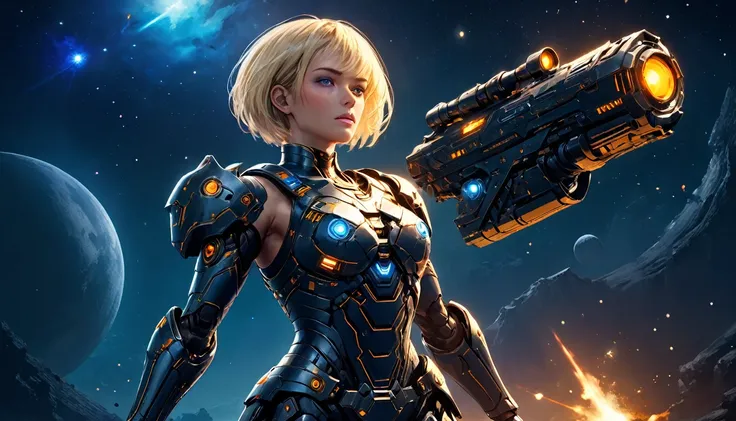 a human female mech warrior in battle on a moon in space, full body shot, action shot, a tough and beautiful female mech warrior...