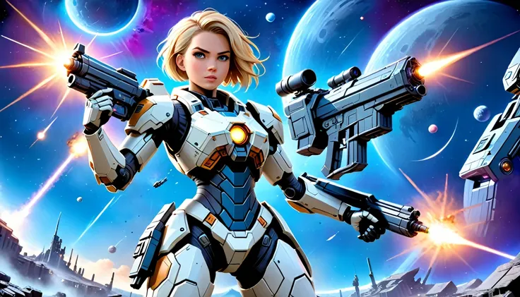 a human female mech warrior in battle on a moon in space, full body shot, action shot, a tough and beautiful female mech warrior...