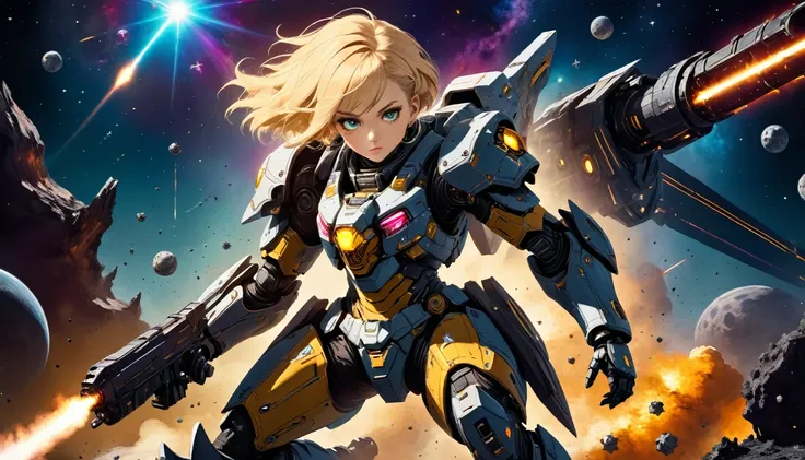 a human female mech warrior in battle on a moon in space, full body shot, action shot, a tough and beautiful female mech warrior...