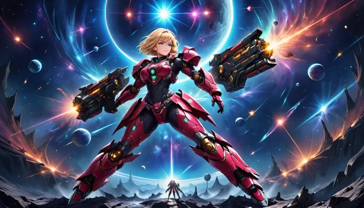 a human female mech warrior in battle on a moon in space, full body shot, action shot, a tough and beautiful female mech warrior...