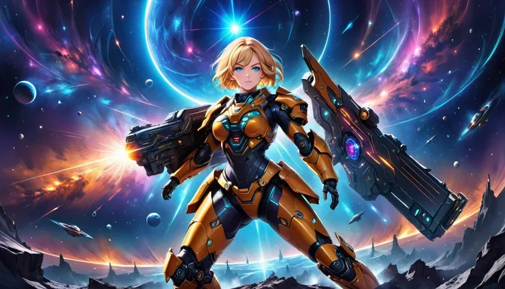 a human female mech warrior in battle on a moon in space, full body shot, action shot, a tough and beautiful female mech warrior...