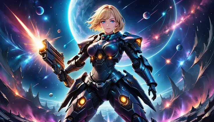 a human female mech warrior in battle on a moon in space, full body shot, action shot, a tough and beautiful female mech warrior...