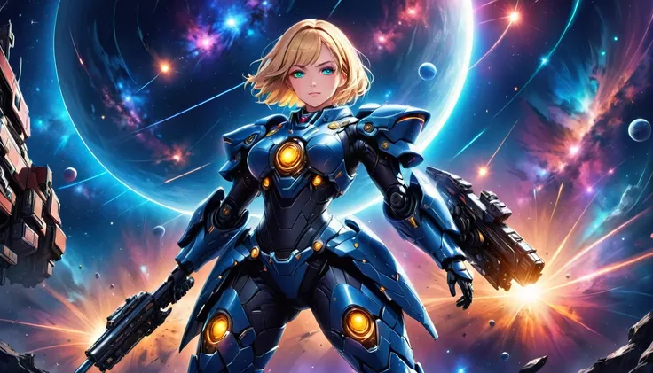 a human female mech warrior in battle on a moon in space, full body shot, action shot, a tough and beautiful female mech warrior...