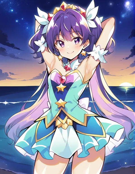 curetwinkle, shiny skin, high quality, solo, 1girl, night sky, beach, arms behind head, (contrapposto), closed mouth, spread arm...