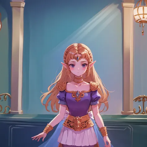 score_9, score_8_up, score_7_up beautiful aesthetic, very intricate, high quality details 1girl, princess zelda, fully clothes cowboy shot dim lighting indoors, inside castle Expressive