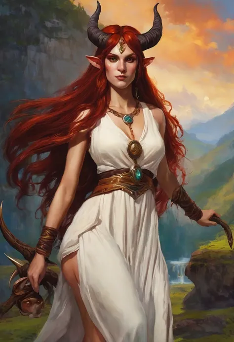 Satyr woman with horns sorceress Amazon red unkempt shoulder-length hair in traveler&#39;s clothes blue eyes slender legs with hooves similar to the legs of a demon playful on the shoulders dark green cape has birthmarks   