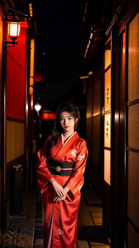 one girl,Beutiful women, In a corner of Kyoto,At night,Wear a red kimono