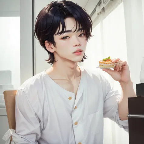 There is a man holding a piece of food in his hand, Jiminthe full lips, accurate Jimin face, Jiminthe Greek nose, Jiminthe right eyelid is swollen, Tae June Kim, Jimin, park Jimin, adorable and pale korean face, hyung tae, kentaro, Kim Doyoung,  jin do bts...