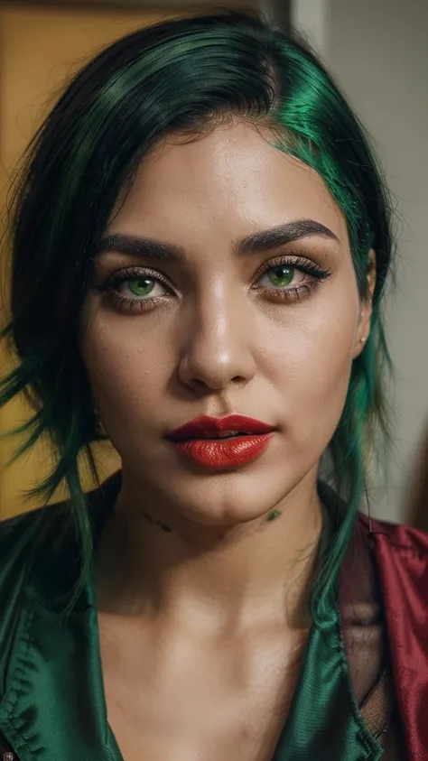 8k, close up photo-realistic portrait of beautiful 29 year old Brazilian woman, ((black and green hair, , different color eyes,red lipstick, unique appearance))