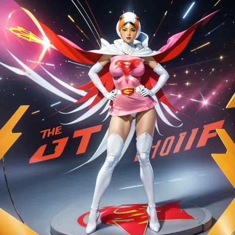 ANI_CLASSIC_jun_gatchaman_ownwaifu,1girl, 15yo,good anatomy, masterpiece, best quality,realistic, hyper realistic, 16k hdr, long hair,breasts,lips,large breasts,lipstick,makeup,gloves,cape,helmet,belt,elbow gloves,white gloves,mask,ultra miniskirt,leotard,...